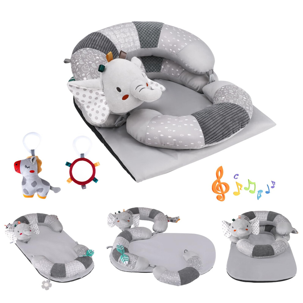 3-In-1 Tummy Time Mat And Seated Support Pillow For Infant, Sit Me Up Floor Seat With Detachable Support Pillow To Prevent Reflux, Portab Blublu Park
