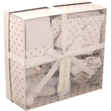 Newborn 7 Piece Luxury Boxed Gift Set, each box contains 1 x Teddy, 1 x Hat, 1 x Pair of Mittens, 2 x Wash Cloths, 1 x Pair of Socks and 1 x Burp Clo