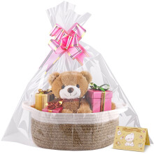 Small Woven Basket, 12" x 8" x 5" Gift Basket Empty with Ribbon and Gift Bag, Rope Basket for Baby Shower, Holiday Presents,Storage Basket with Handl