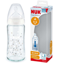 NUK First Choice+ Glass Bottle | 0-6 Months | Temperature Control | Silicone Teat | Anti-Colic Valve | BPA Free | 240ml