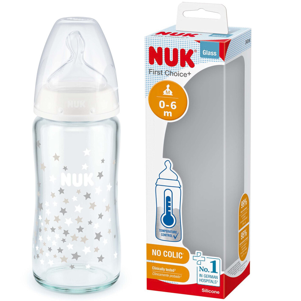 First Choice+ Glass Bottle | 0-6 Months | Temperature Control | Silicone Teat | Anti-Colic Valve | Bpa Free | 240Ml Nuk