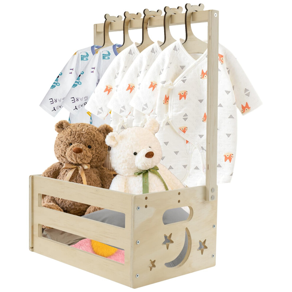 Baby Shower Crate Closet, Wooden Baby Basket With 5 Hangers, Baby Storage Crate Hamper With Handle, Wood Baby Clothes Rack For Baby Shower Pregnancy Haijed