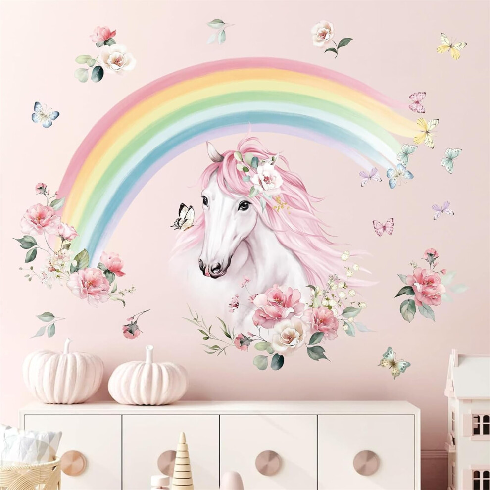 Large Rainbow Wall Decals Horse Flower Peel And Stick Wall Art Stickers For Girls Bedroom Kids Room Baby Nursery Wondever