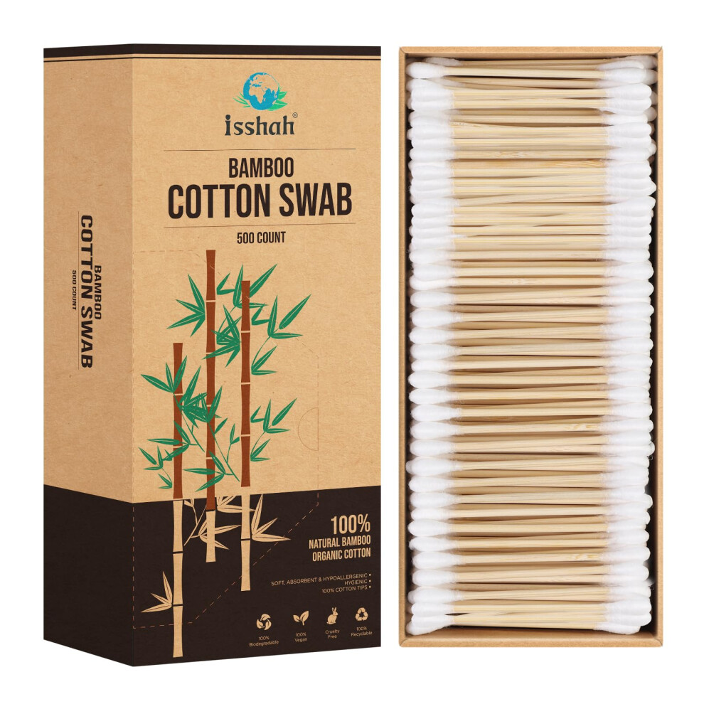 Isshah Bamboo Cotton Swabs - 500 Count - Fsc Certified And Peta Approved, Eco Friendly Double Tips, Plastic Free Ear Sticks, All Natural 100% Biodegradable
