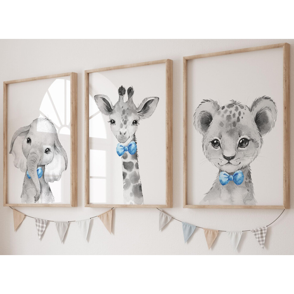 Eviepops Prints Men's Safari Animals Baby Boys Nursery Set Of 3 Unframed