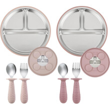 PandaEar 2 Pack Stainless Steel Baby Suction Plates & 2 Pack Spoons and Forks Set, Baby Feeding Set for Baby Girls, Divided Plates for Baby Led Weani