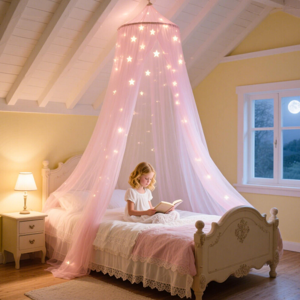 Bed Canopy For Girls,With Glowing Stars, Bed Canopy Princess Bed Girls Bedroom Accessories Pink Henrrida