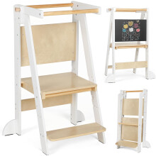 KIDINIX Foldable Learning Tower, Height Adjustable Toddler Step Ladder with Safety Rails, Wooden Kitchen Tower with Blackboard for Kids 1-6 Years, Sa