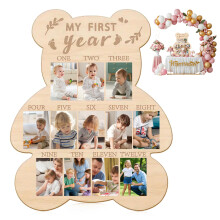 My First Year Photo Frame, Adorable Bear Shape Photo Frame Wood Board Personalized 12 Months Baby Photoes for Boy and Girl Nursery Decoration