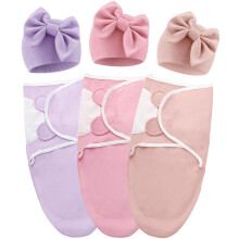 AQOKKA Baby Swaddle with Big Bow Hats Cotton Adjus