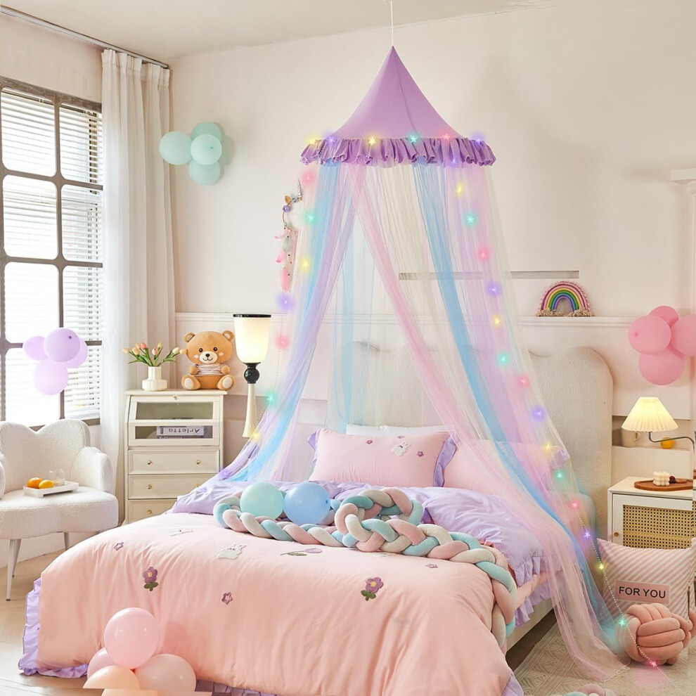 Rainbow Bed Canopy With Led Colorful Mesh Stitching Mosquito Net Princess Dome Mesh Bed Canopy For Bedroom Decoration Princess Bed Nett Light Temopow
