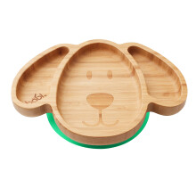 BABI Baby Toddler Large Dog Plate, Natural Bamboo, with Stay Put Silicone Suction Ring (Green)