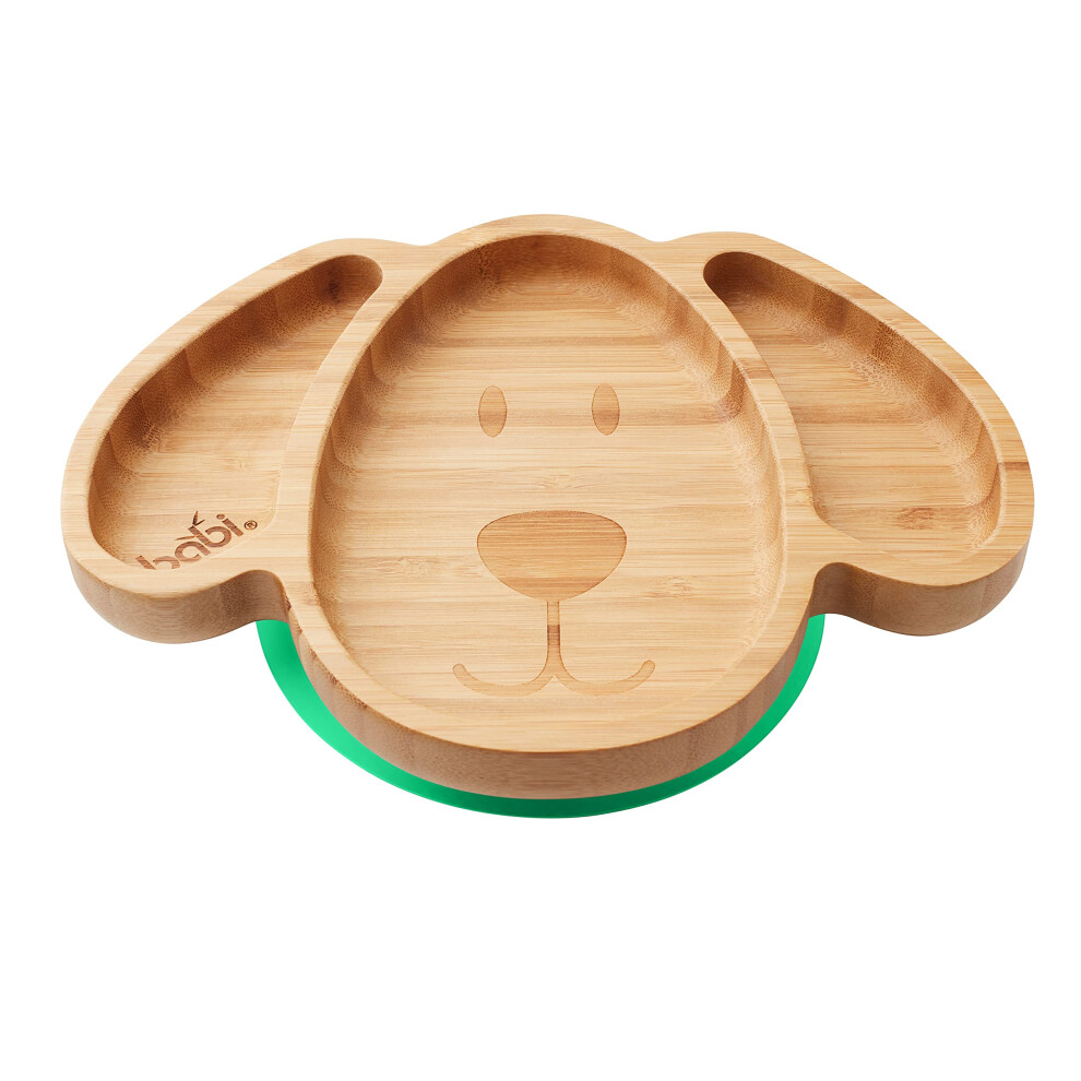 Babi Baby Toddler Large Dog Plate, Natural Bamboo, With Stay Put Silicone Suction Ring (Green)