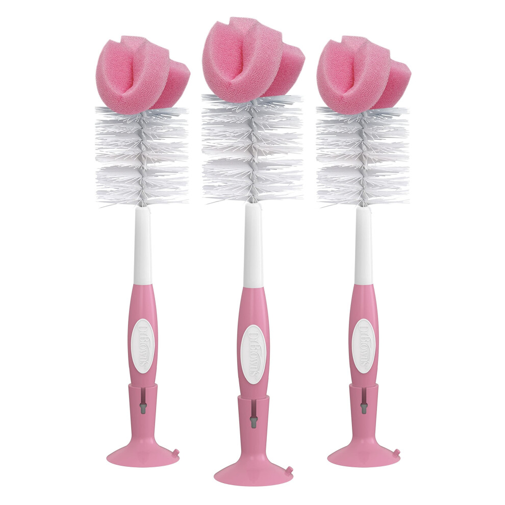 Dr. Brown's Reusable Sponge Baby Cleaning Set With Suction Cup Stand, Scrubber And Nipple Cleaner, 3 Pack, 3-Pack, Pink Bottle Brush, Pack Of 3