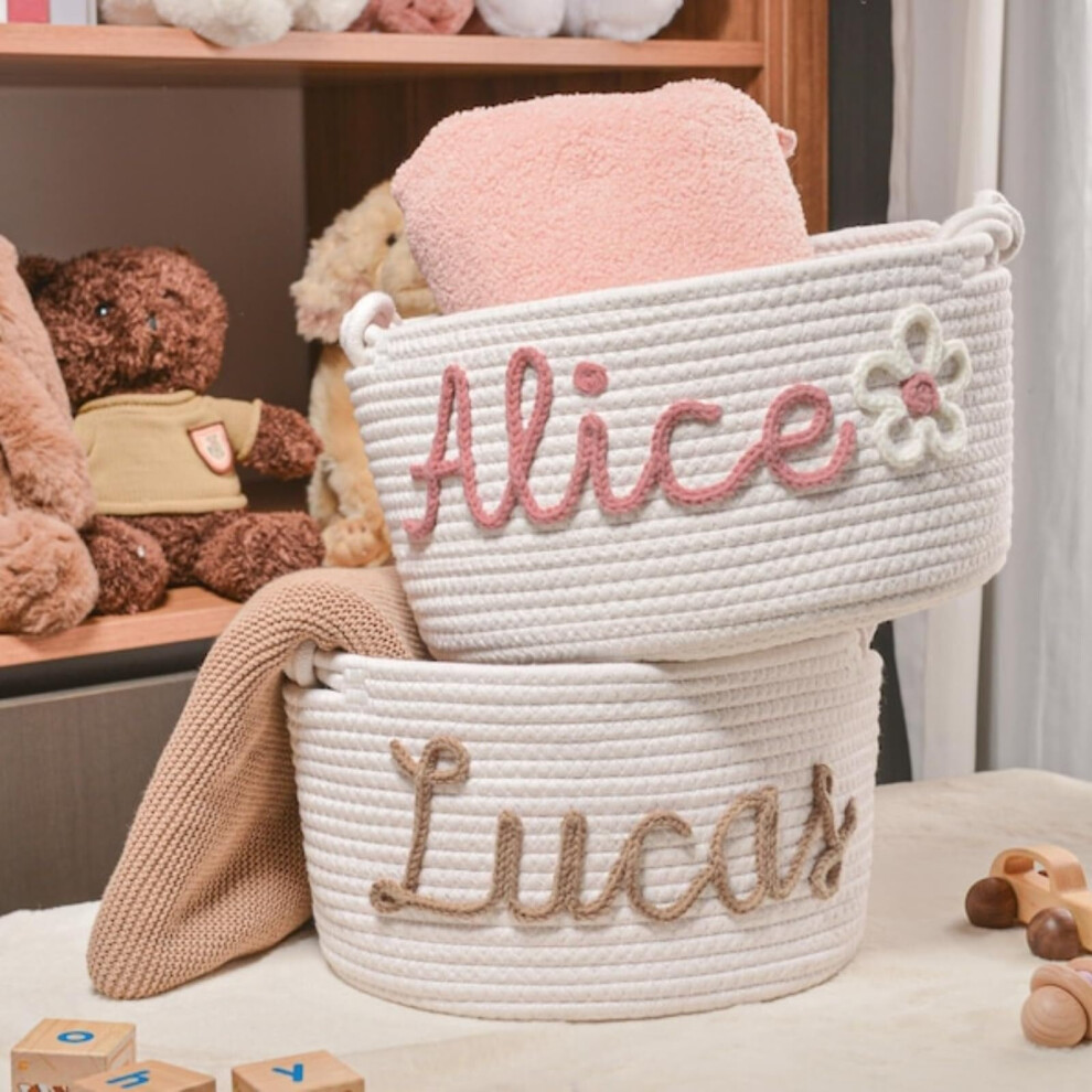 Minxltd Personalized Custom Name Baby Girl Boy Rope Cotton Baby Shower Basket, Nursery Decor, Toys Storage Organizer(M:19x13x35cm)