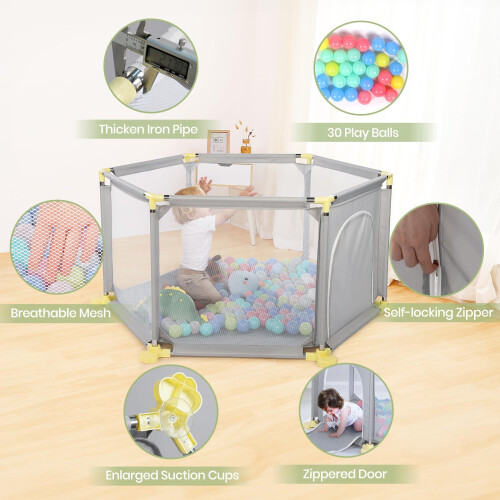 Light Grey 6-Panel Baby Playpen with Breathable Me 2