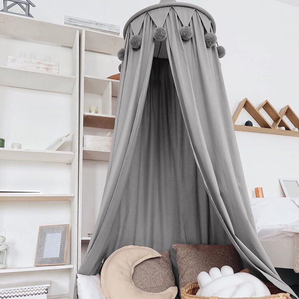Bed Canopy For Children, Round Dome Hanging Curtain Kids Bed Mosquito Net Play Reading Tents - Grey Dyna-Living