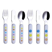EXZACT Kids Cutlery 6pcs Stainless Steel 18/10 Children's Cutlery Set - incl. 2 x Forks, 2 Safety Knives; 2 x Dinner Spoons - Plastic Handle, Toddler