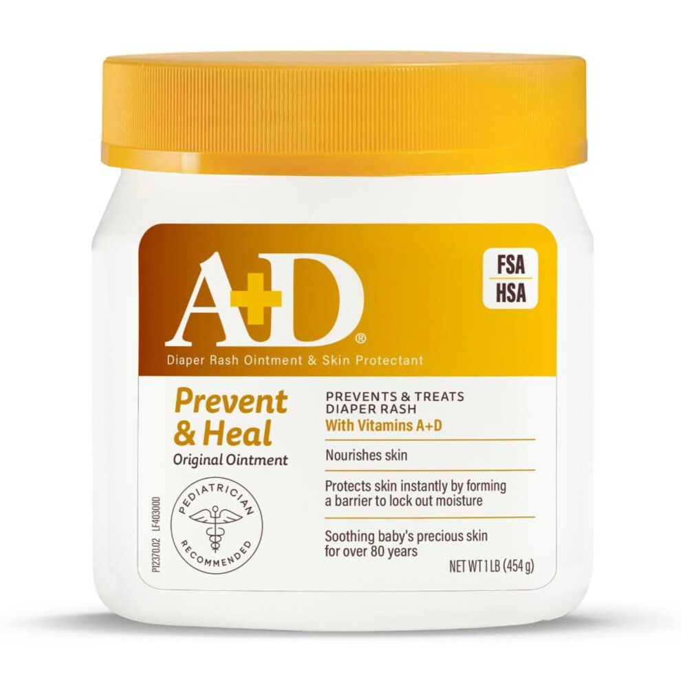 A+D Original Diaper Rash Ointment, Skin Protectant With Lanolin And Petrolatum, Seals Out Wetness, Helps Prevent Baby Diaper Rash, 1 Pound Jar. A&D
