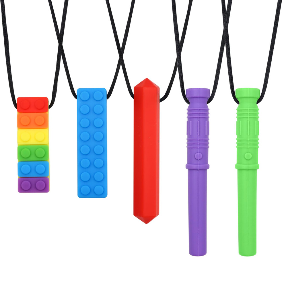 5Pcs Sensory Chew Necklace, Chew Toys Food Grade Silicone, Teether Chewy For Kids Toddlers Adhd, Autistic, Biting Needs, Oral Motor Vegcoo