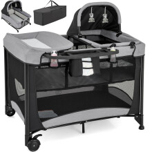 Maxmass 5 in 1 Baby Travel Cot, Foldable Infant Crib with Mattress, Diaper Changer, Storage Pockets, Hanging Toys, Lockable Wheels & Carry Bag, Porta