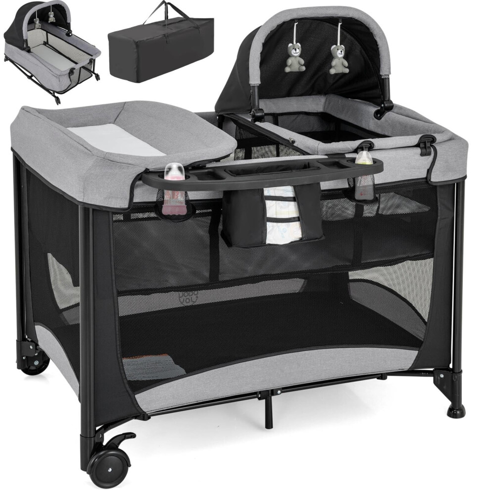 5 In 1 Baby Travel Cot, Foldable Infant Crib With Mattress, Diaper Changer, Storage Pockets, Hanging Toys, Lockable Wheels & Carry Bag, Porta Maxmass