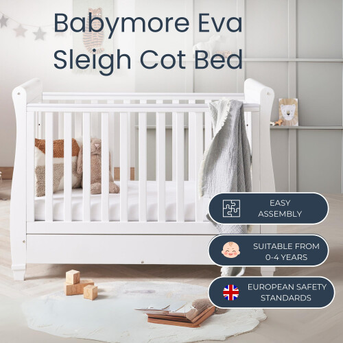 Babymore Eva Sleigh Cot Bed White - Drop Side Cot 1