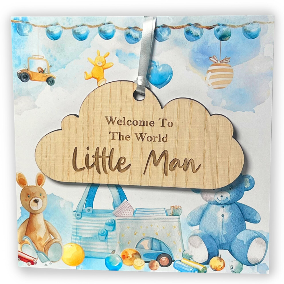 Coppermoon Boutique New Baby Boy Card With Wooden Hanging Cloud Keepsa