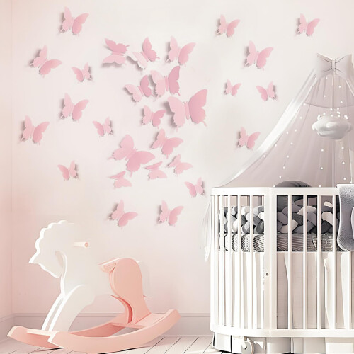 36 Pcs Cute Pink Butterfly Wall Decor Three Sizes,