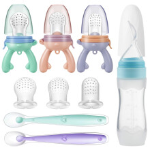 PandaEar Baby Fresh Fruit Food Feeder Pacifier Teether (3 Pack) |Food Dispensing Spoon (1 Pack)| Food Grade Soft Safe BPA-Free Silicone Pouches (3 Ex