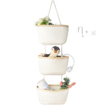 danpinera Over Door Hanging Organiser with 3 Woven Baskets, Rope Wall Hanging Basket for Bathroom, Bedroom, Nursery, Small Space Door Organizer, No D