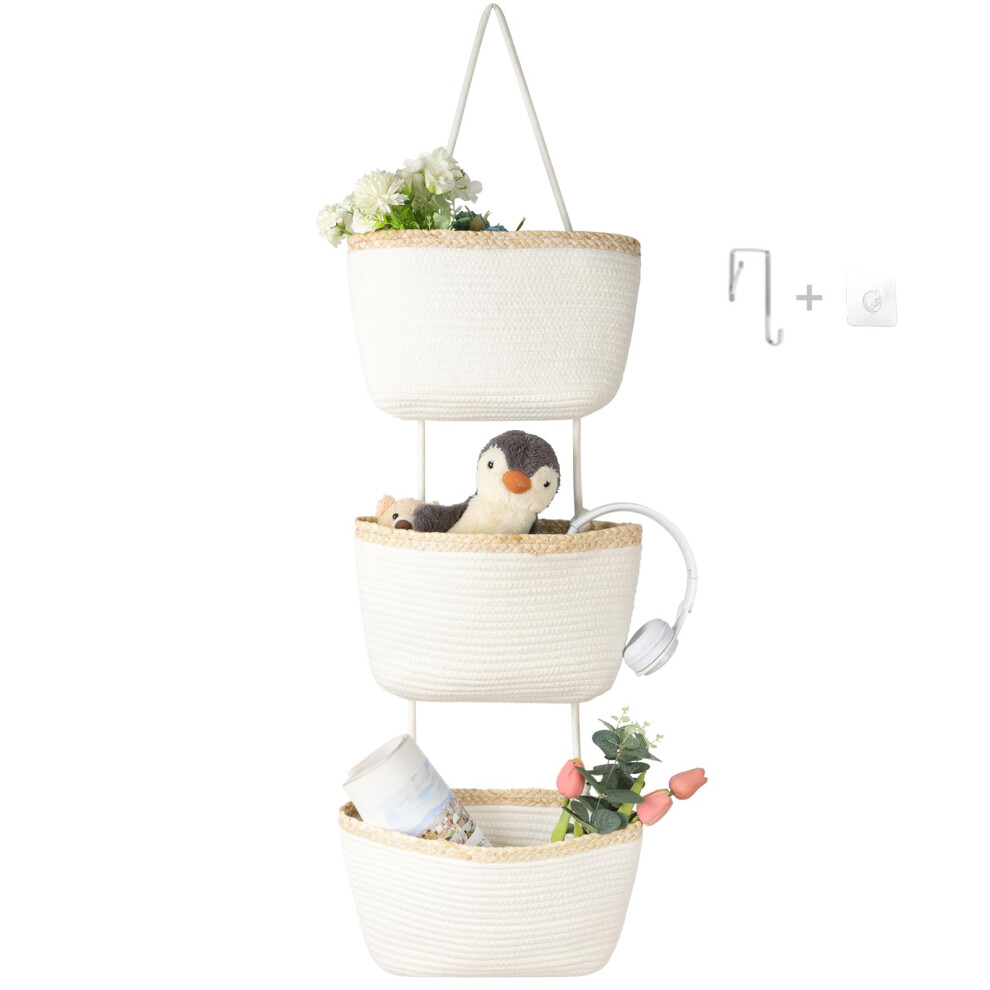 Danpinera Over Door Hanging Organiser With 3 Woven Baskets, Rope Wall Hanging Basket For Bathroom, Bedroom, Nursery, Small Space Door Organizer, No D