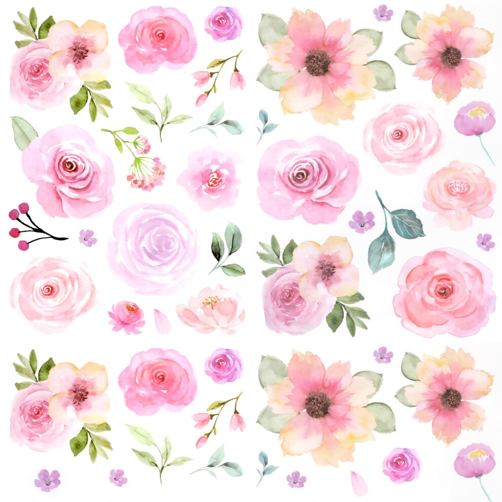 Comnico 60Pcs Pink Flower Wall Sticker Watercolor Pvc Peel And Stick Wall Decals Cute Peony Floral And Leaves Pastel Flower Decor For Kids Bedroom Li
