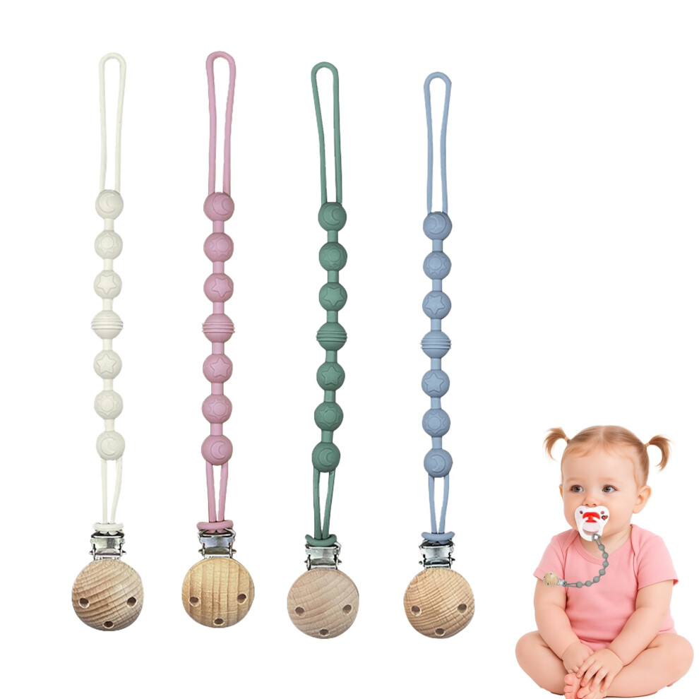 Noenaeni 4Pcs Silicone Dummy Clip Chain Portable Wooden Pac