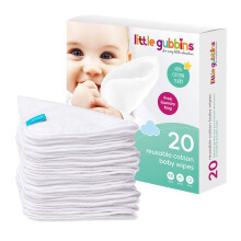 Little Gubbins 20 Cotton Terry Baby Wipes | Pack of 20cm x 20cm Reusable, Soft White Towelling Cloths | Ideal for Mucky Bums, Hands and Faces | 100%