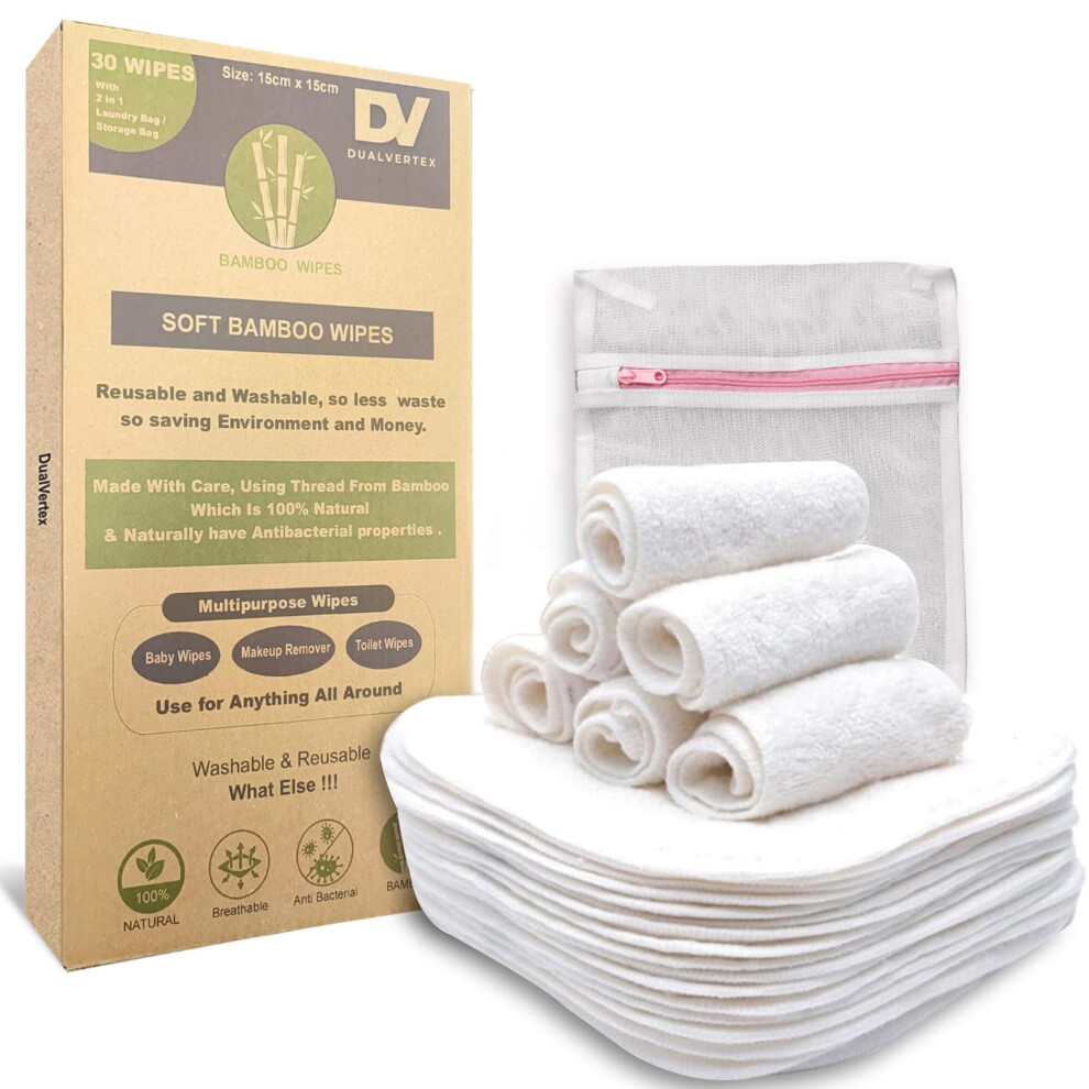 30 Bamboo Reusable Baby Wipes - Face Cloth - Makeup Remover Cloth From Natural Thread For Face & Hand With 2In1 Laundry Bag/Carrying Bag Dualvertex