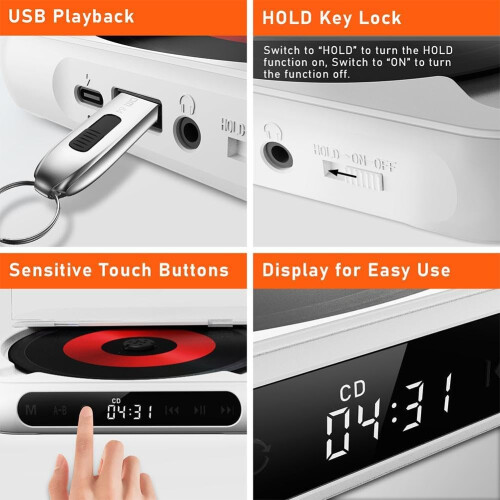 Compact CD Player with LED Display, Portable Music System Featuring Repeat Function and Lockable Control Buttons, Bluetooth 5.1 USB Interface 2