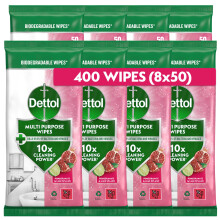 Dettol Antibacterial Multipurpose Cleaning Wipes, Pomegranate & Lime, 400 Wipes (50 x 8pck) Disinfectant, Biodegradable, 10X Cleaning power vs Water