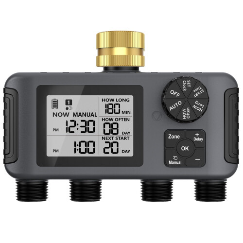 4 Zone Automatic Sprinkler Timer with Waterproof Garden Irrigation Controller and Rain Delay Function