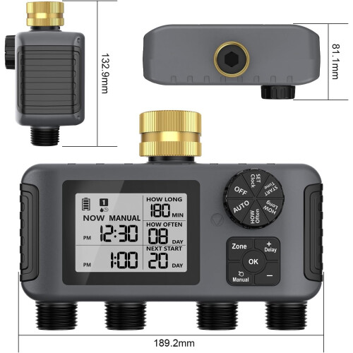 4 Zone Automatic Sprinkler Timer with Waterproof Garden Irrigation Controller and Rain Delay Function 2