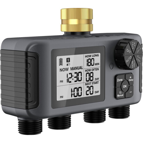 4 Zone Automatic Sprinkler Timer with Waterproof Garden Irrigation Controller and Rain Delay Function 1