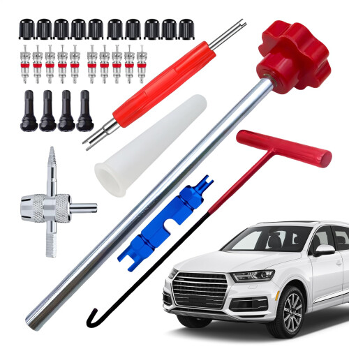 Tire Valve Stem Tool Kit 30 Piece Set with THook Core Remover for Quick Valve Replacement
