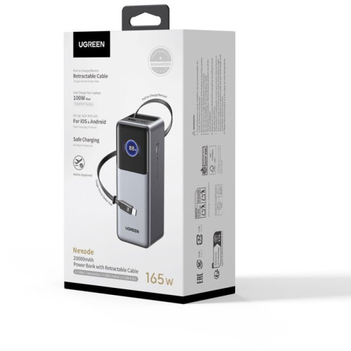 Bateria externa - UGREEN - 165W - USB-A e USB-C - Retrátil - Preto 2