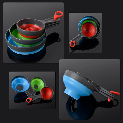 Silicone Collapsible Funnel Set 3pcs Wide Mouth Kitchen Funnels with Handle for Easy Storage 2