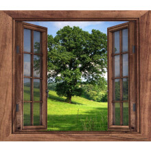 3D Brown Wooden Window Wall Decal Art Vinyl Waterproof Removable Wallpaper Forest Mural 60x90cm 24x36inch