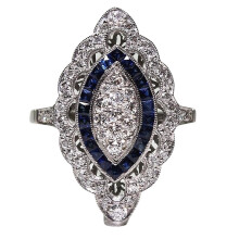 Eternity Engagement Wedding Band, Cubic Zirconia Enhanced Sapphire Ring with Vintage Fashion Detail, Silver Filled Antique Filigree Victorian Style