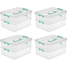 Plastic Stack Carry Box for School Supplies, Carry Handle with 2 Tiers Stackable Design, Transparent Stackable Storage with Latching Storage