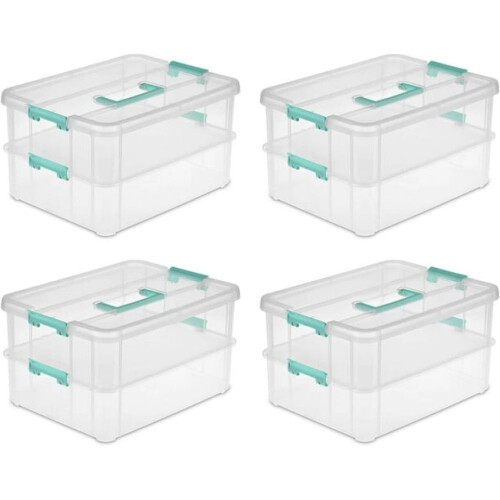 Plastic Stack Carry Box for School Supplies, Carry Handle with 2 Tiers Stackable Design, Transparent Stackable Storage with Latching Storage