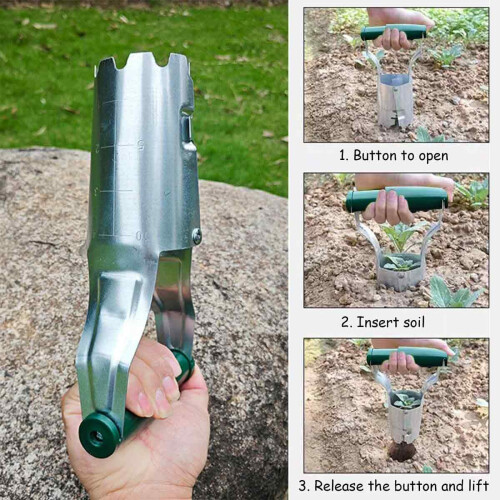Garden Bulb Planter Tool, Spring Handle Operated Transplanter with Strong and Sharp Notch Tip, Thumb-Activated Handle for Fast Soil Release, 2