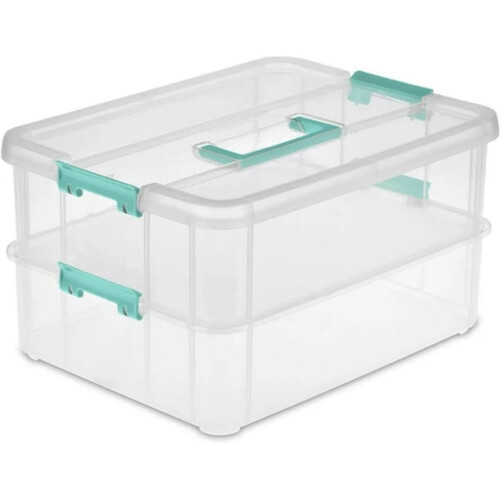 Plastic Stack Carry Box for School Supplies, Carry Handle with 2 Tiers Stackable Design, Transparent Stackable Storage with Latching Storage 1